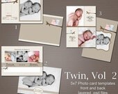 ON SALE 0319-21 5x7 Baby Birth Announcement Photoshop PSD Photo Card Template for Photographers - Twin Vol 2 Owls - Millers, Whcc or Mpix