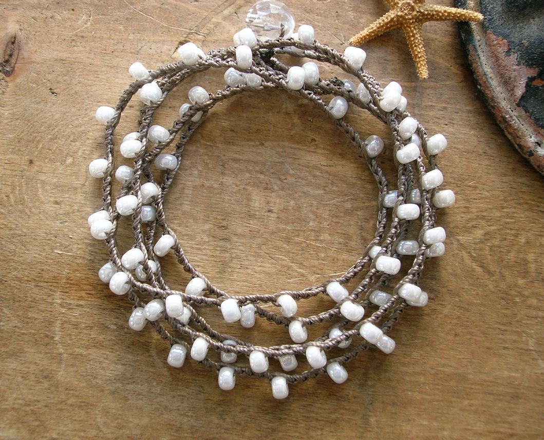 Pearl crochet wrap bracelet, Bohemian bridal jewelry, pearl white, shabby boho chic, bridesmaids gift, beach, feminine, ivory