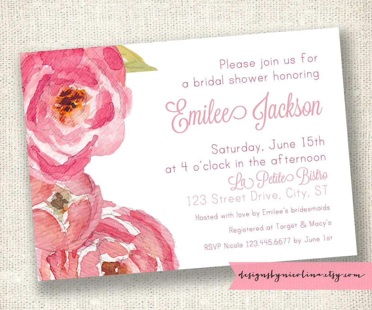Coral and Pink Watercolor Florals -  Bridal or Baby Shower PRINTABLE Invitations