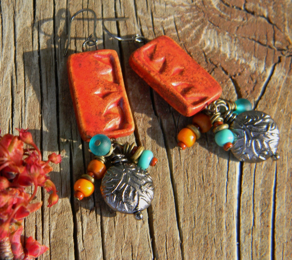 Santa Fe Earrings Terra Cotta Turquoise Ceramic Mixed Metal