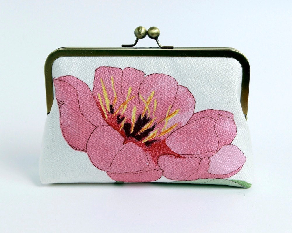 Coral Pink Poppy floral clutch with silk lining, Bag Noir, Bridesmaid clutch, Weddings bride formal clutch purse
