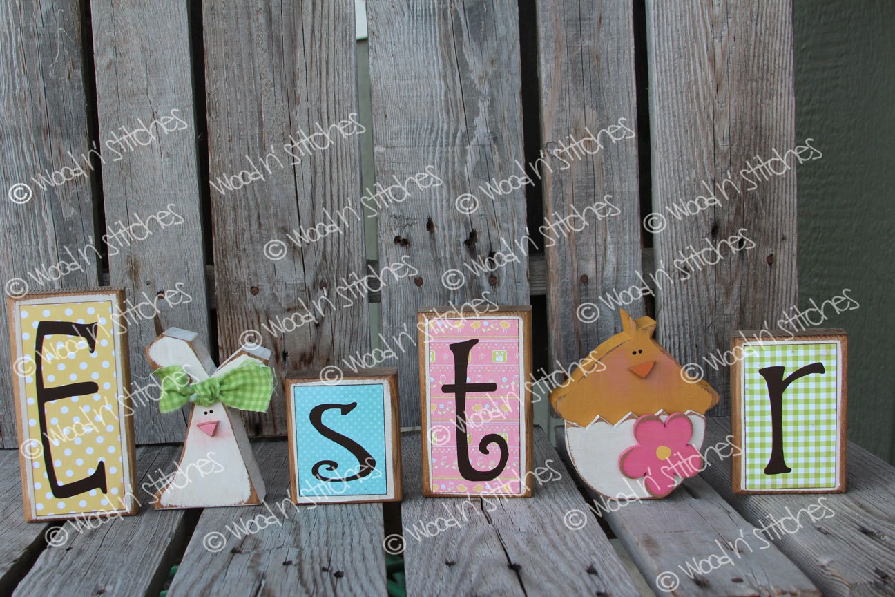 Easter decor CHICK AND BUNNY spring blocks holiday seasonal home decor easter egg bunny gift primitive