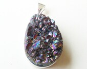 Mystic Rainbow Titanium Aura Quartz Agate Teardrop Pendant In Silver Frame, Peacock Druzy Drusy Crystal Cluster