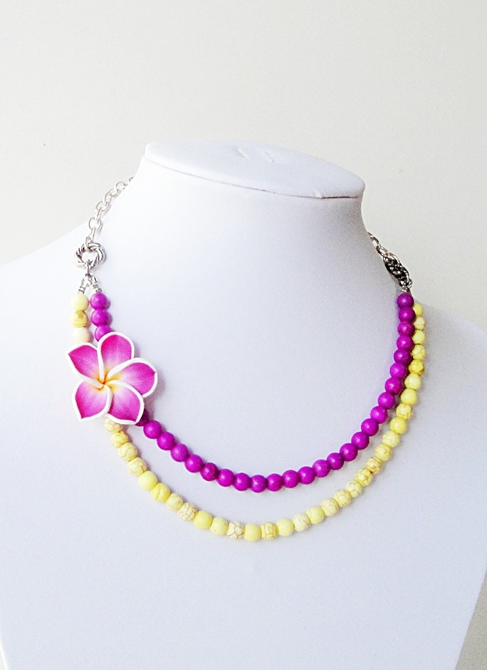 Yellow Purple Gemstone Soft Clay Plumeria Layered Necklace, Spring Frangipani Flower Necklace, Mothers Day Gift