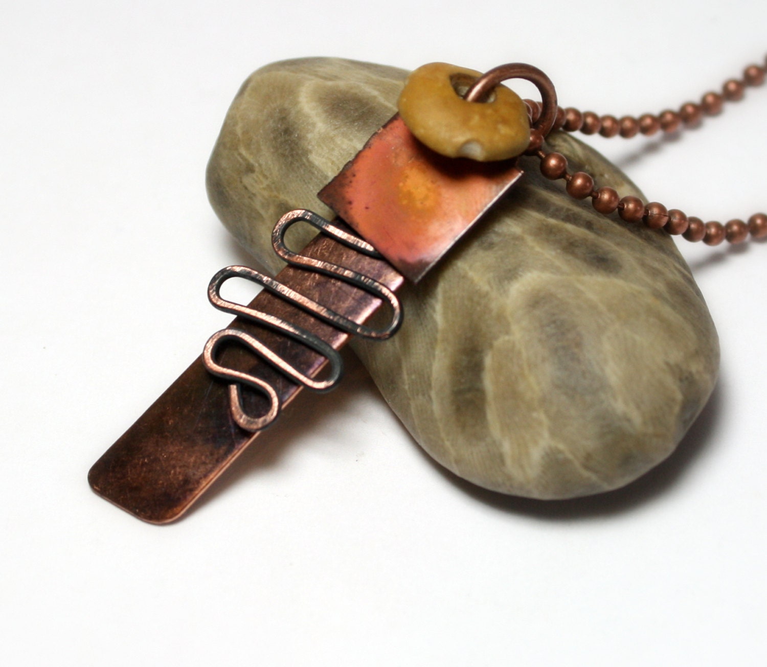 Beach Stone Copper Necklace- Drilled Natural Bead and Hammered Oxidized Rustic Metalwork by Allybeans