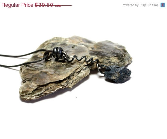 SALE Oxidized Silver Bluestone Necklace- Drilled Blue Slag Glass Sterling Jewelry- Handmade by Allybeans