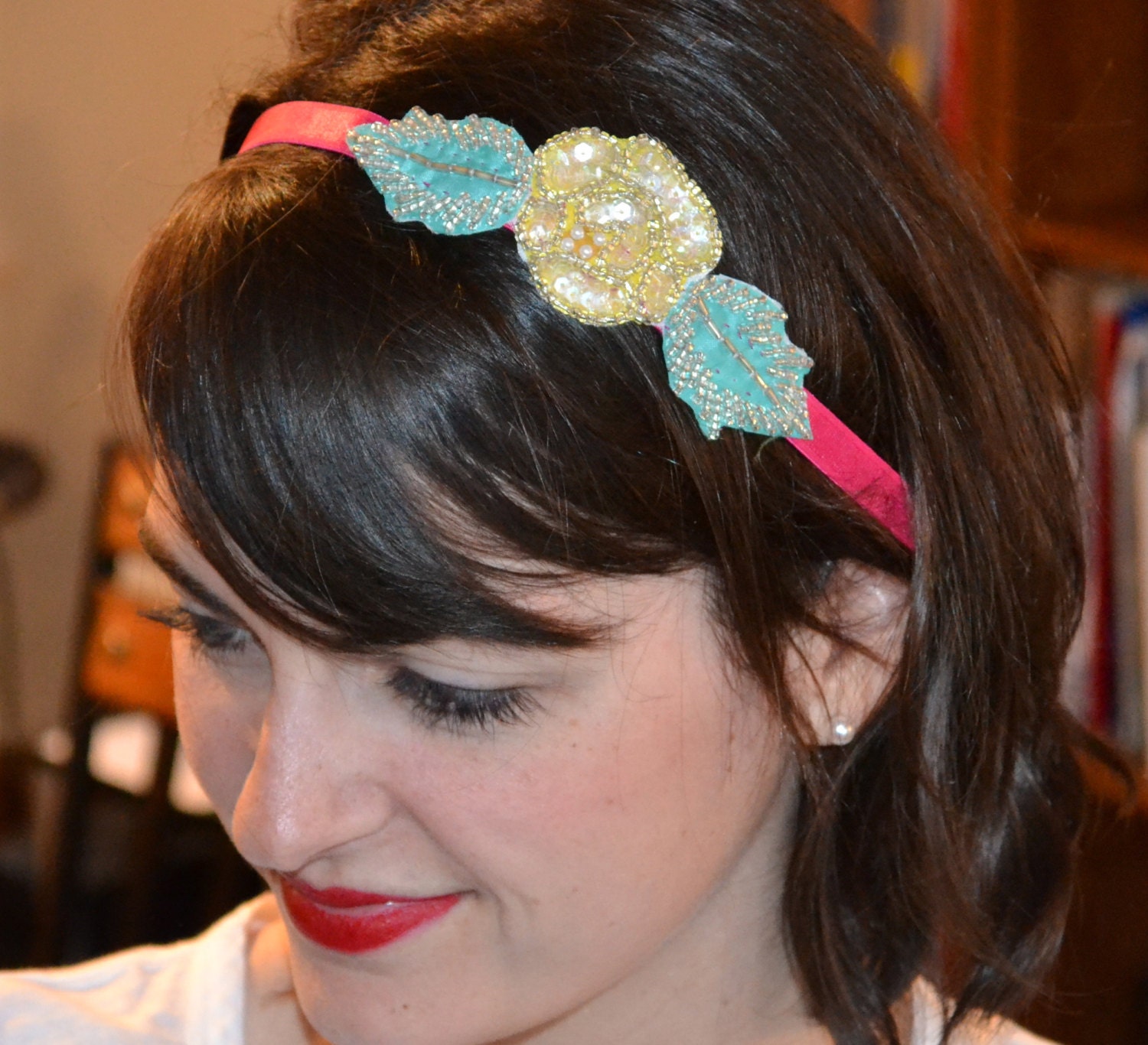 Tropical Flower Headband, Fuchsia, Yellow and Aqua Flower Hairband by Jill's Boutique on Etsy
