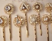RESERVED Vintage Clear Rhinestone Bridesmaids Bobby Pins - 22K Gold Heirloom Jeweled Hair Clips Set of 8, 2nd Installment