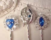 Vintage Bright Sapphire Blue Rhinestone Art Deco Silver Bridal Hair Pins - Heirloom Jeweled Hair Clips Set of 3, Bridesmaids Gift