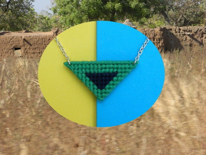 Geometric Triangle Necklace, Green and Navy Necklace, Africa Pendant Necklace