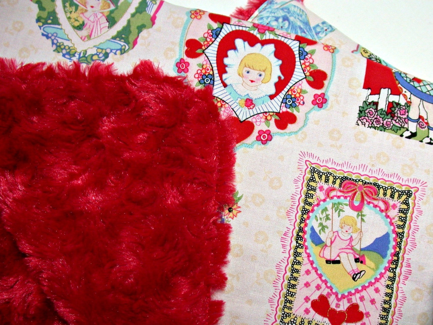 Valentine Baby Toddler Lovey Blanket in Cotton and Red Rosebud Minky
