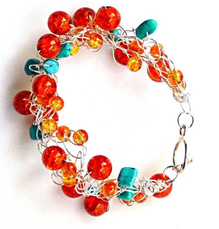 Tangerine Orange with Turquoise Nuggets Silver Crocheted Wire Artisan Bracelet Statement Jewelry