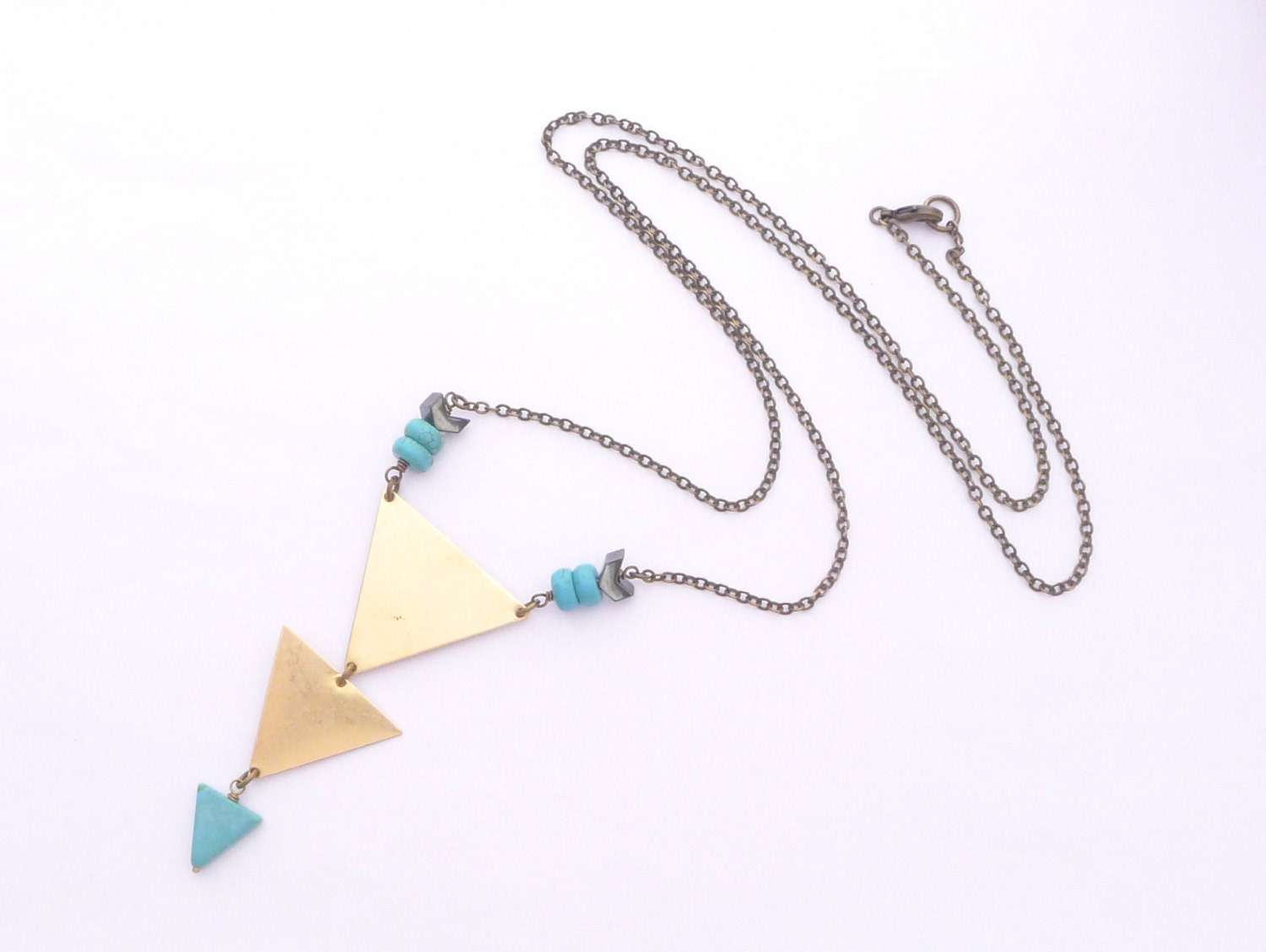 Turquoise Triangle Necklace, Wire Wrapped Hematite Chevron Beads with Brass Triangles, Navajo, Tribal, Handmade Jewelry