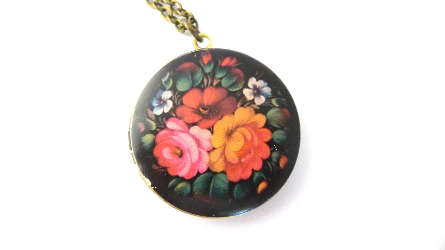 Floral Graphic Locket, Bright Pink Yellow and Red Flowers on Brass Locket, Long Chain Necklace, Photo holder, Handmade Jewelry