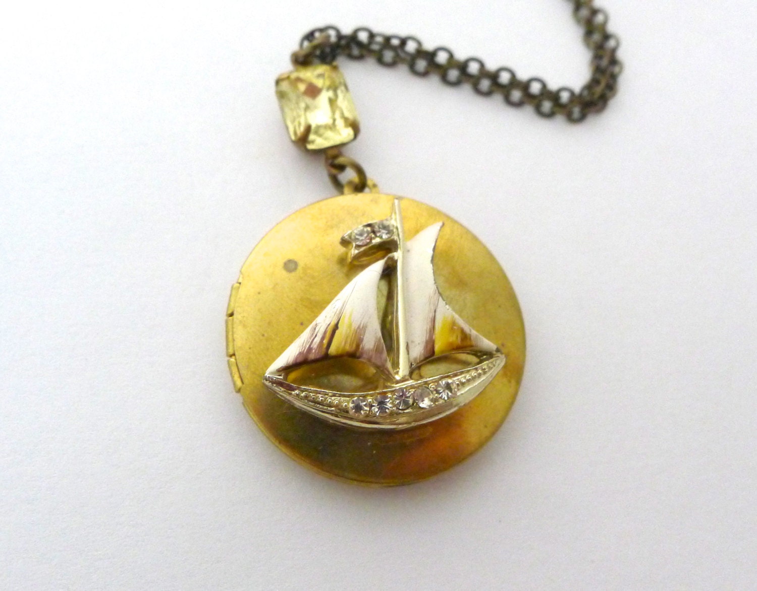Medium Rhinestone Sailboat Locket Necklace, OOAK, Clear Glass Gem. Long Chain, Yellow and White Sail, Handmade Jewelry