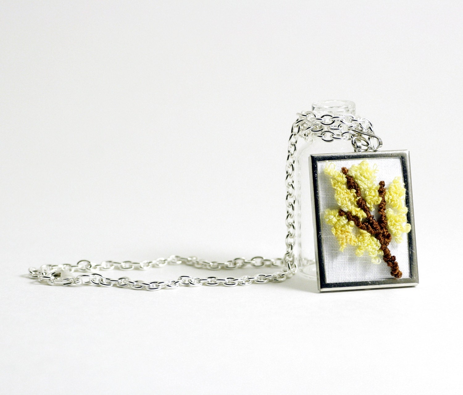Forsythia Branch Silver Necklace. Punch Needle Embroidery. Yellow Flowers, Brown. Spring, Summer Fashion. Nature Inspired