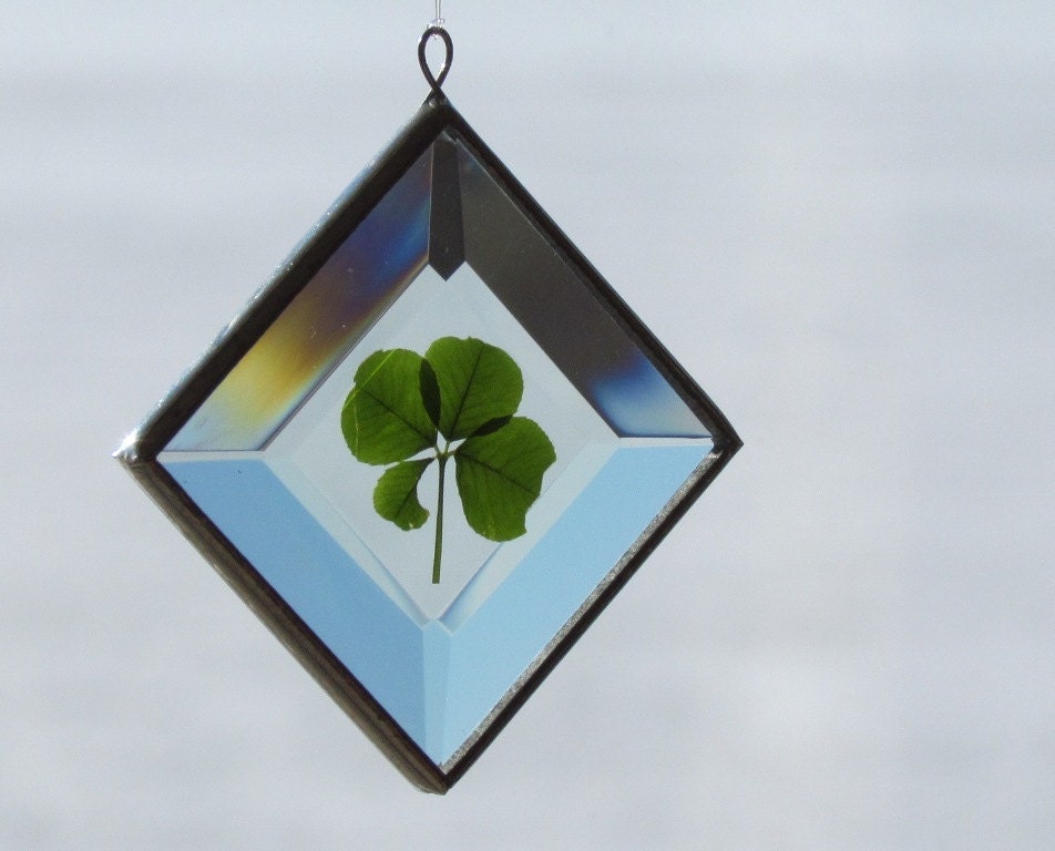 Genuine Four Leaf Clover as a Beveled Glass Suncatcher Ornament