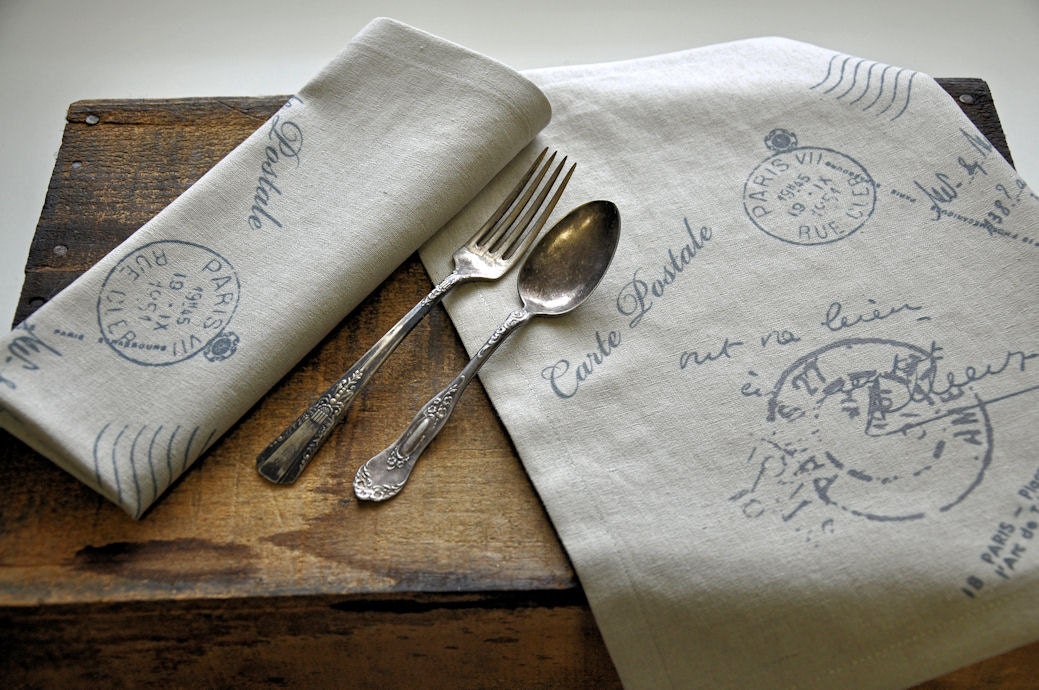 Two linen French postcard placemats / napkins