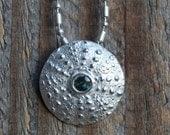 silver sea urchin necklace, eco friendly, beach wedding, green sapphire necklace, sea life, tropical vacation,shell, made in america