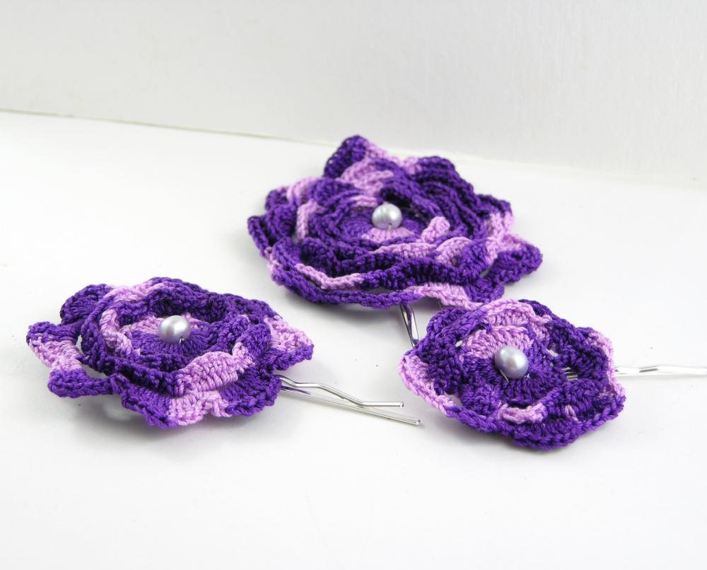 Bobby pins crochet Irish roses set of 3 purple crochet hair accessory bride bridesmaid rustic wedding curationnation tagt team