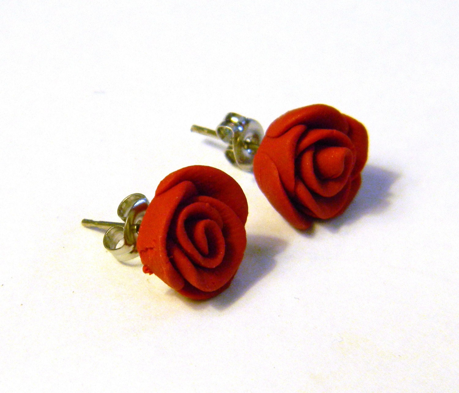 Red Valentine's Day Handmade Rose Bud Stud Earrings - Polymer Clay Jewelry - Surgical Steel Post - Any Color - Gifts Under 10, 15, 20, 2