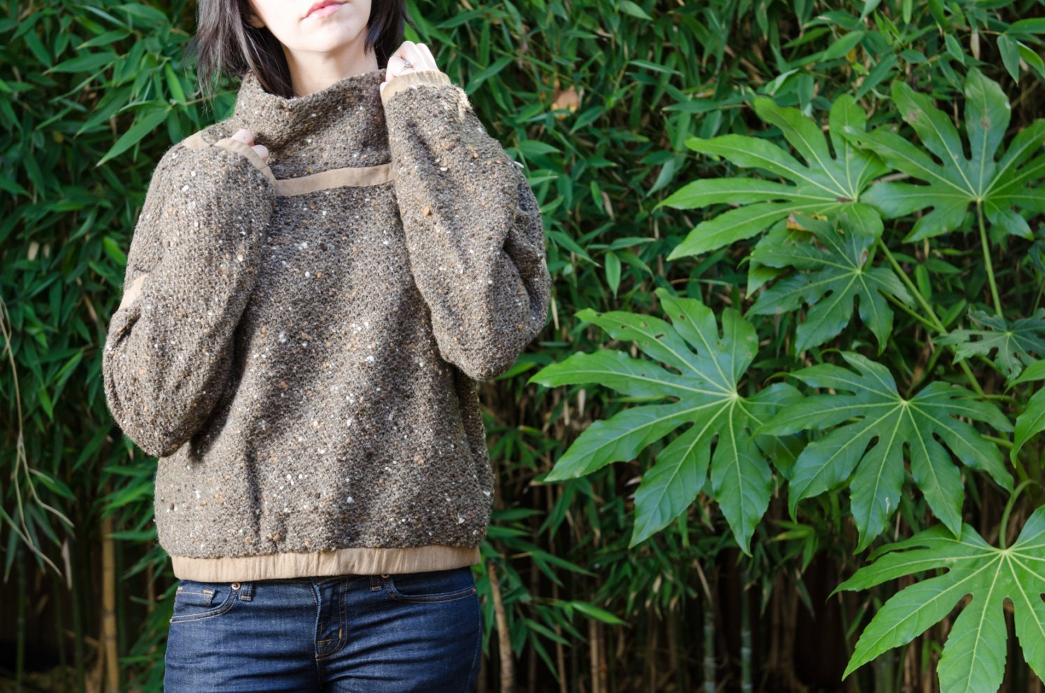 vintage bill atkinson brown funnel neck cropped knit and leather pullover sweater jumper