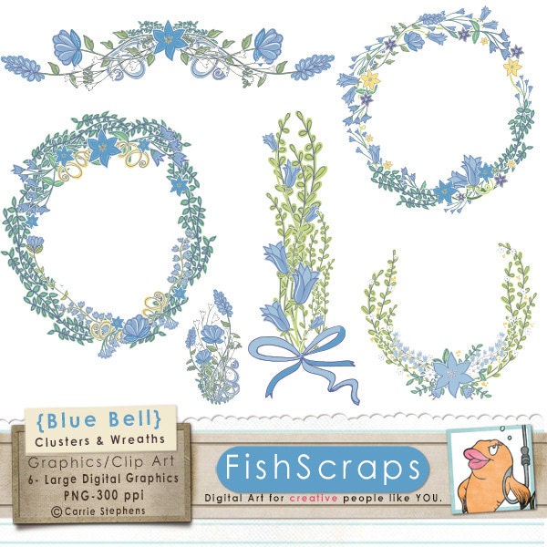 Flower Wreath Clip Art - Blue Bell Flower Frames - Floral Wreath ClipArt - Digital Bouquet - Wedding Monograms - Instant Download