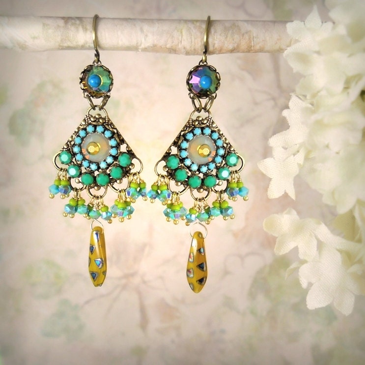 Sultana - Chandelier Earrings, Turquoise, Jade Green, Mustard, Chartreuse, Vivid Rhinestone, Exotic, Gypsy Bohemian, Garden Party Wedding