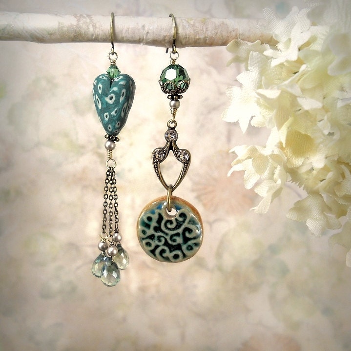 Heartstorm - Romantic OOAK Earrings, Artisan Polymer, Ceramic, Heart, Swirl, Smoky Teal Blue Aqua Turquoise Moss, Mermaid Wedding