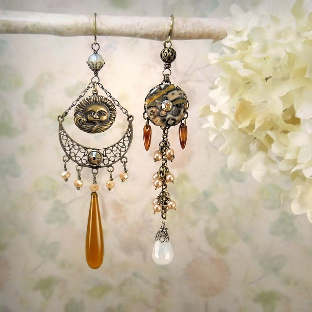 Daystar 2 - Asymmetric Mismatch Earrings OOAK, Tribal Celestial Assemblage, Jasper Chalcedony, Rustic Earthy, Caramel Champagne, Sun Moon
