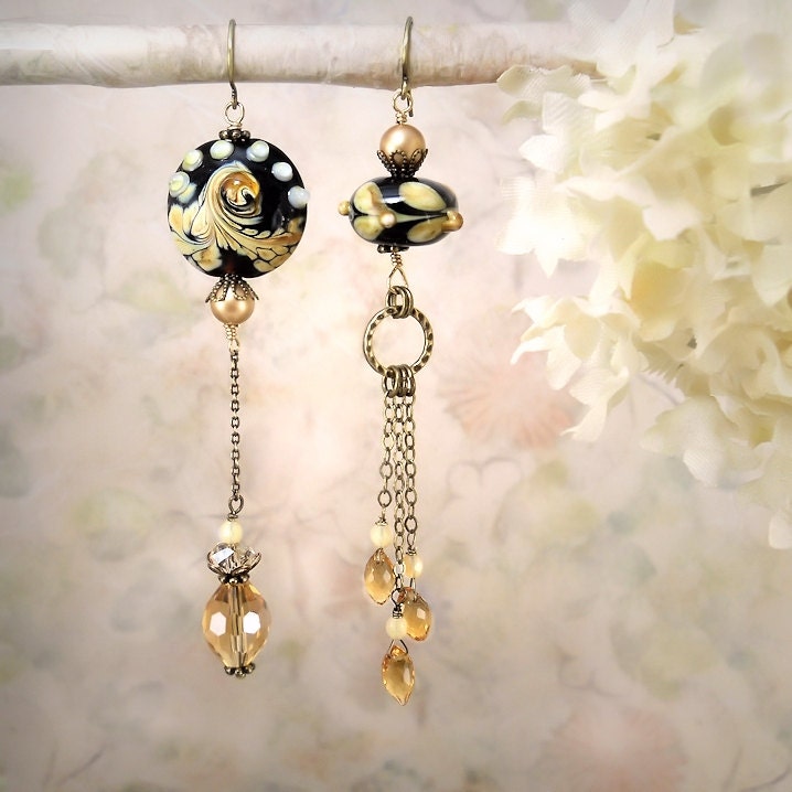 Amber Waves Asymmetrical Earrings Lampwork Beads by MiaMontgomery from etsy.com