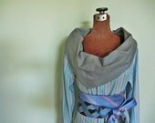 Upcycled Clothing / Gray Cowl Neck Striped Tunic Blouse with Neckties Belt / Reconstructed Mens Shirt / Women Tops / Eco Fashion / Size S/M