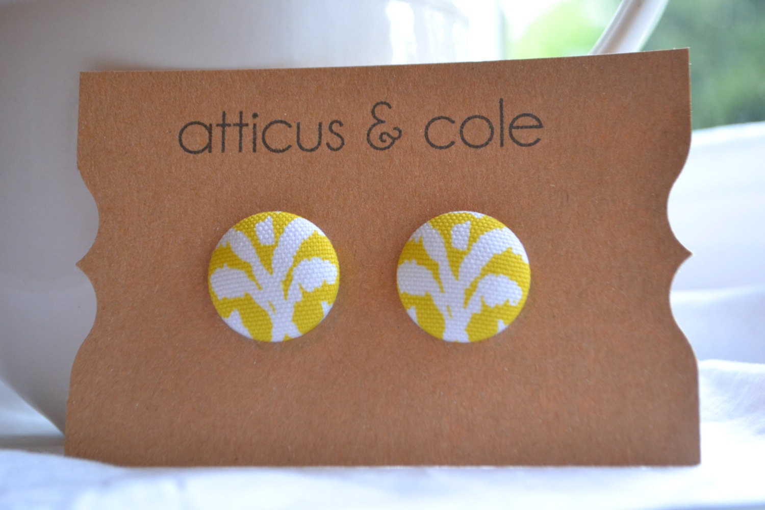 Large Fabric Button Earrings Yellow Damask Studs