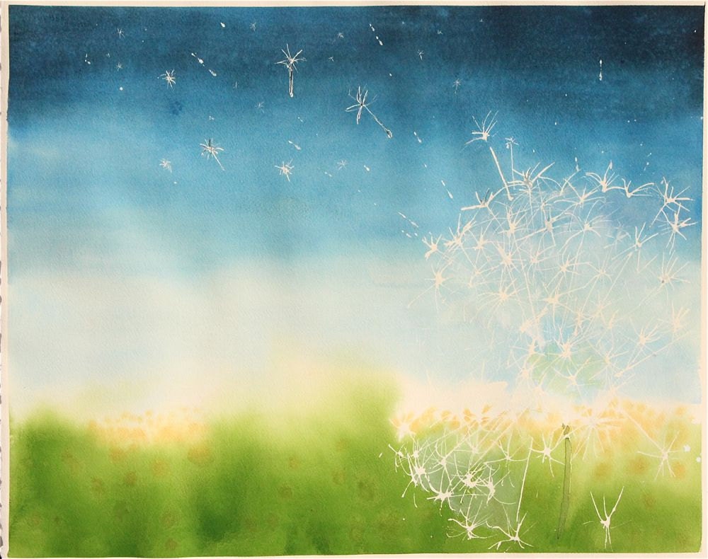watercolor painting, dandelion, blue and green dreamy and calm original painting, wishes