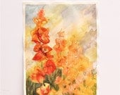 abstract floral watercolor painting, spring gladiolus flowers, red, orange, yellow, original watercolor painting home decor