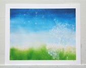 dandelion print, fine art giclee print from original watercolor painting, blue, green, summer, spring, wishes