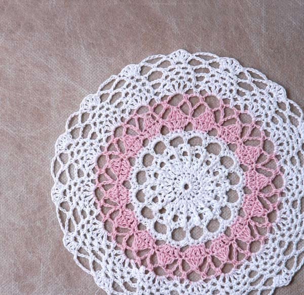 Pink Ice Crochet Lace Doily, Cottage Chic Style, New Home Decor, Original Design and Handmade by NutmegCottage