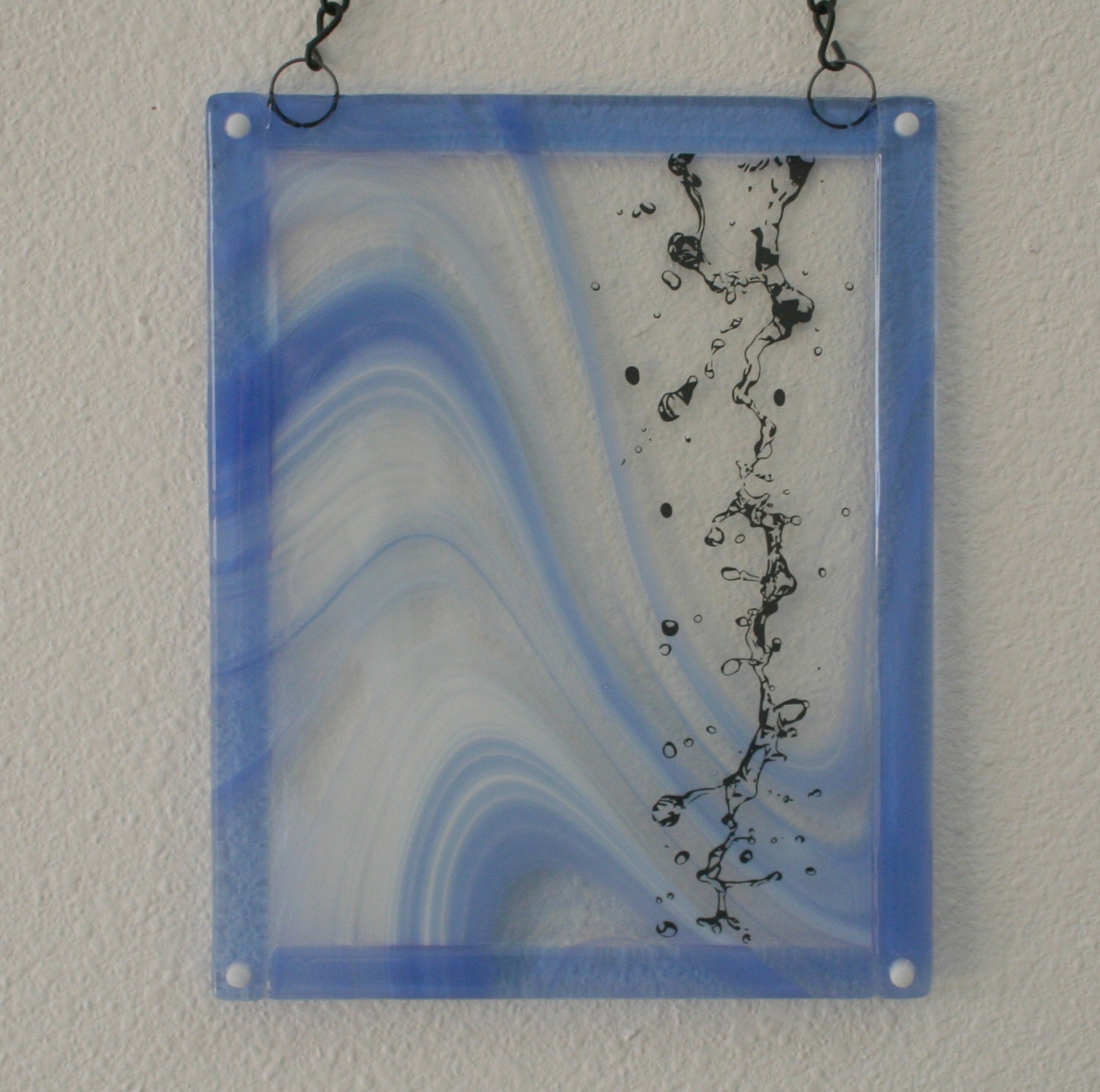 Glass suncatcher Art Home decor wall hanging splashing water Blue white.