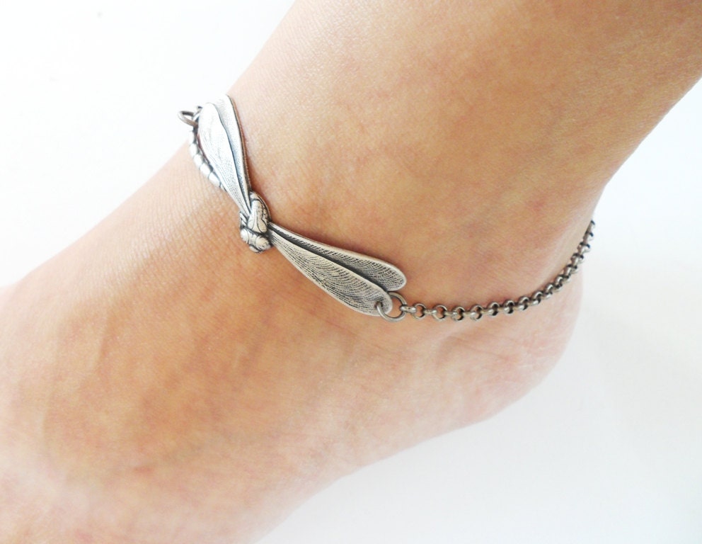 Steampunk Dragonfly Anklet- Sterling Silver Ox Finish- Ankle Bracelet