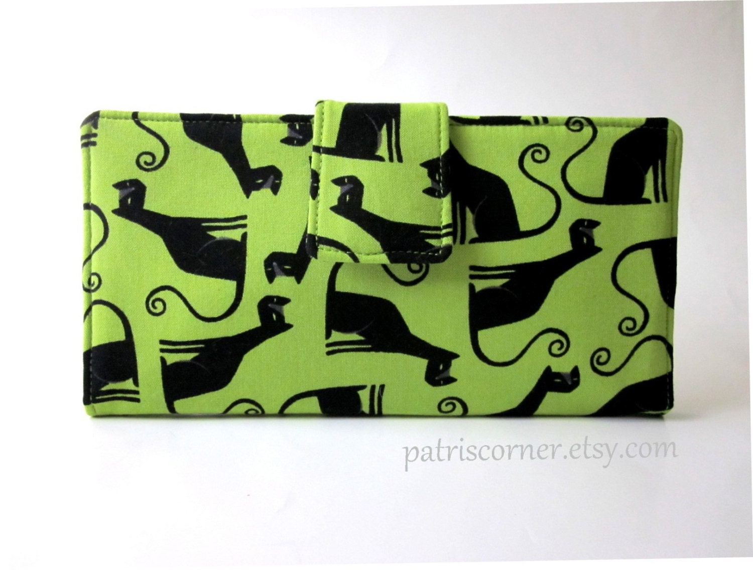 Handmade women green wallet black sleek cat