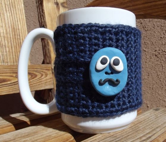 Crochet Navy Blue Coffee Mug Cozy with Polymer Clay Mustache Man Button