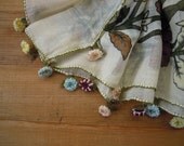 scarf  with needle lace flowers, vintage, pale yellow, traditional turkish headscarf, cotton