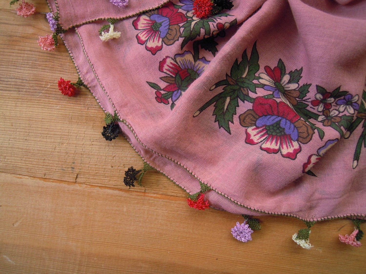 scarf  with needle lace flowers, vintage, traditional turkish headscarf, cotton, indian red, salmon