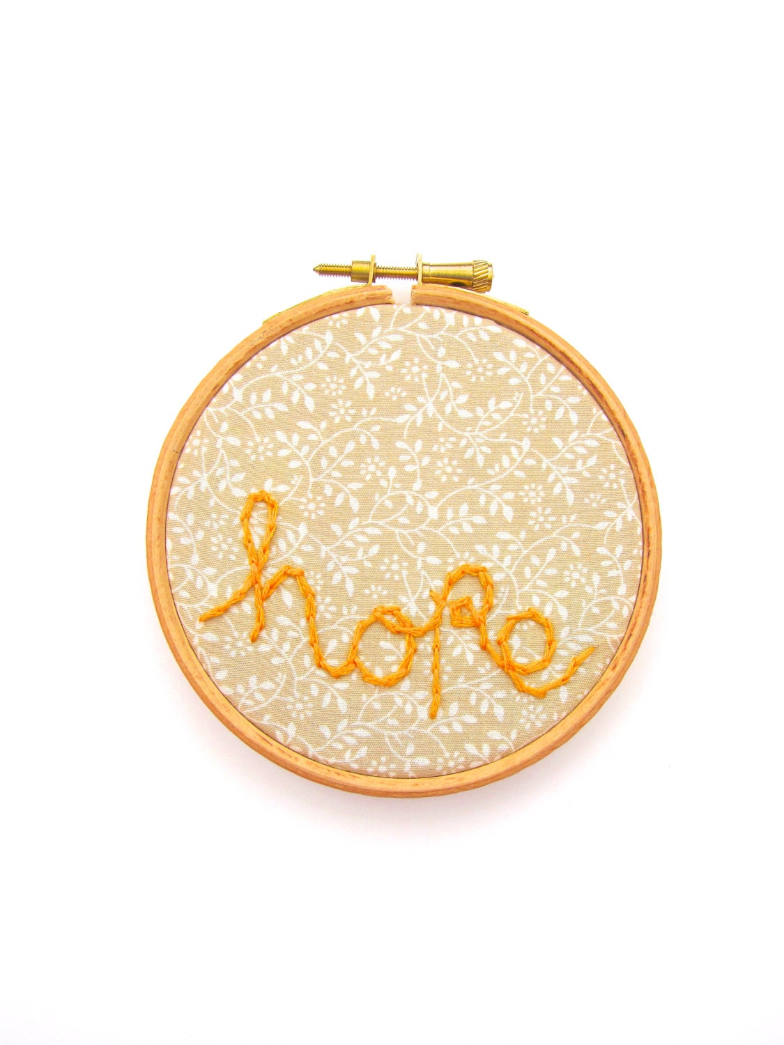 Hand Embroidery Hoop Art  - Hope - Beige Vintage Florals - ready for display - 4 x 4 Inch Natural Wooden Hoop by mirrymirry