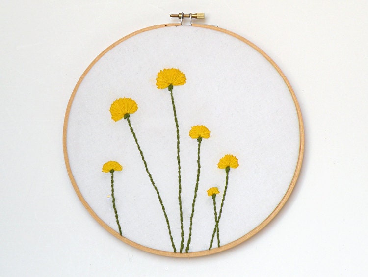 Embroidered dandelions on white cotton wood embroidery hoop wall art