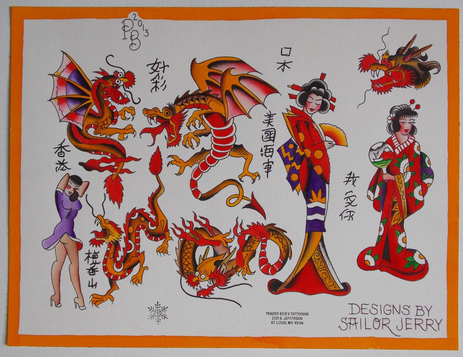 Traditional Sailor Jerry Dragons & Ladies Tattoo Flash Sheet - 11x14" - PRINT