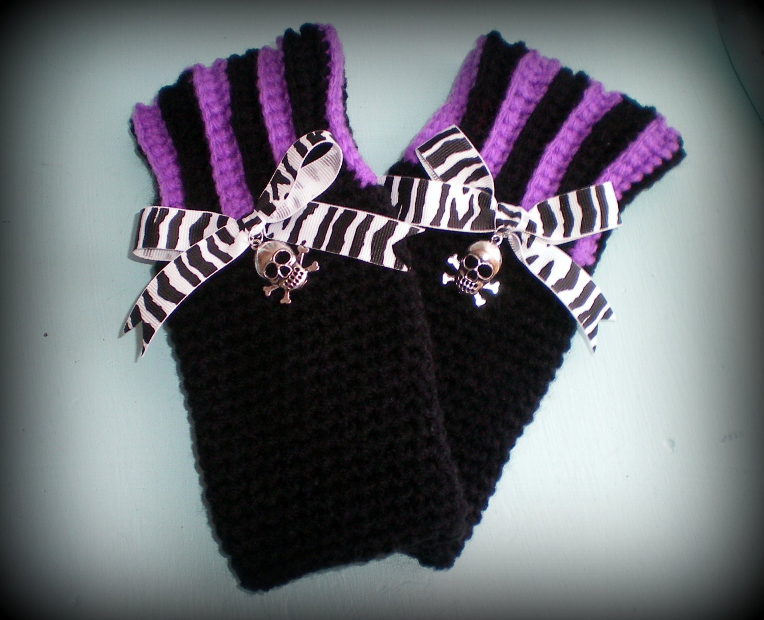 Crocheted Rockabilly Psychobilly Zebra Skull Fingerless Mittens