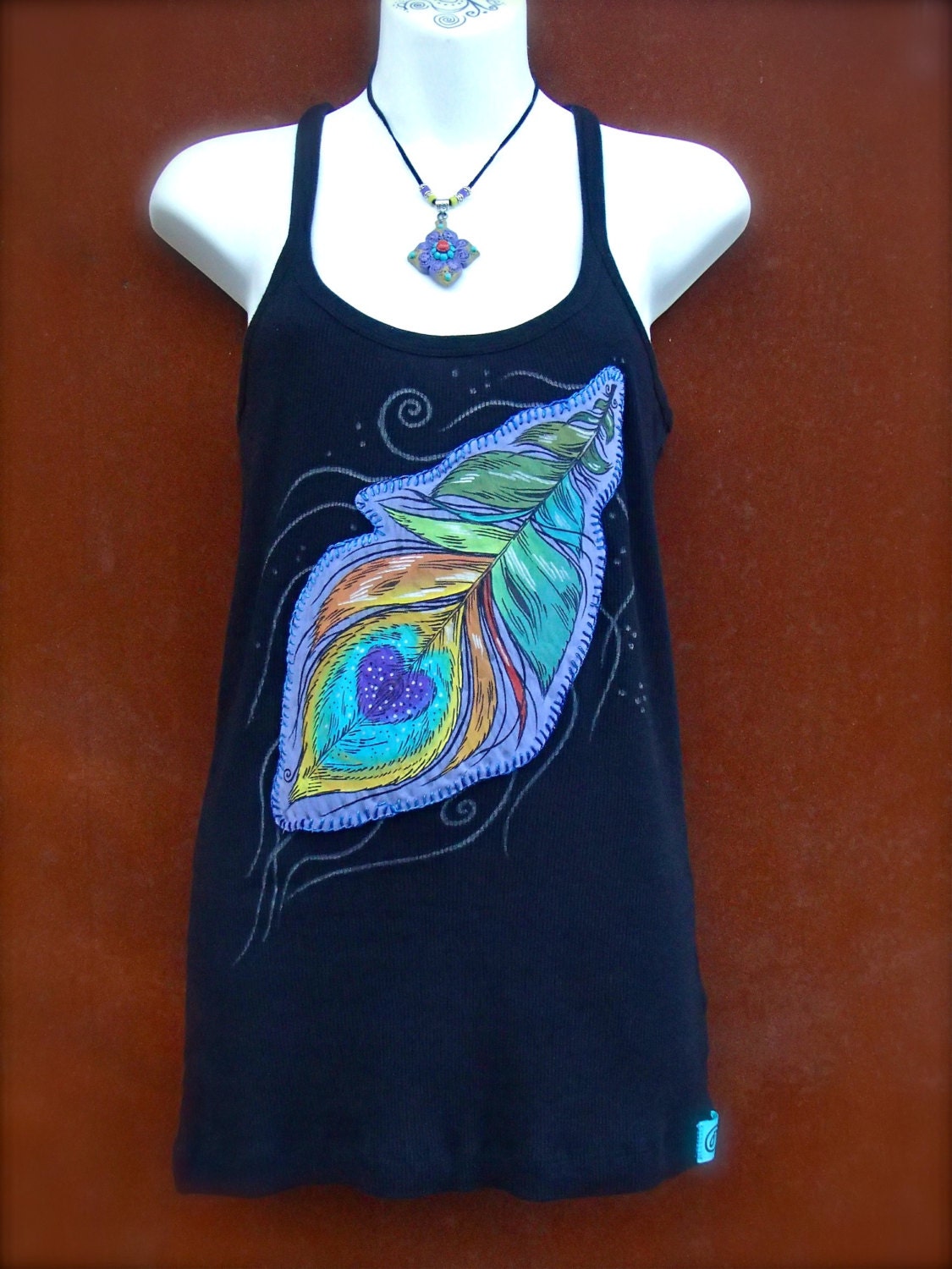 Black TANK PEACOCK FEATHER tank top hand painted clothes bohemian clothing Cotton tank top Women tank size L applique