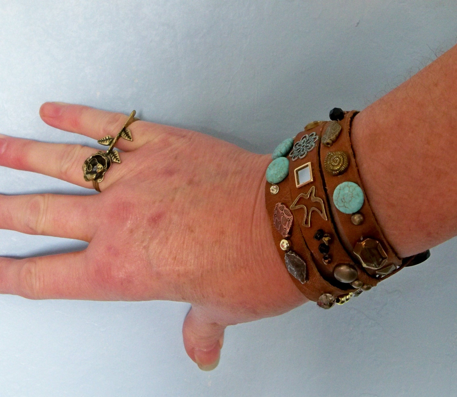 Leather wrap bracelet.leather wrist studded bracelet, beaded leather wrap, crystal bracelet, handmade, charms.