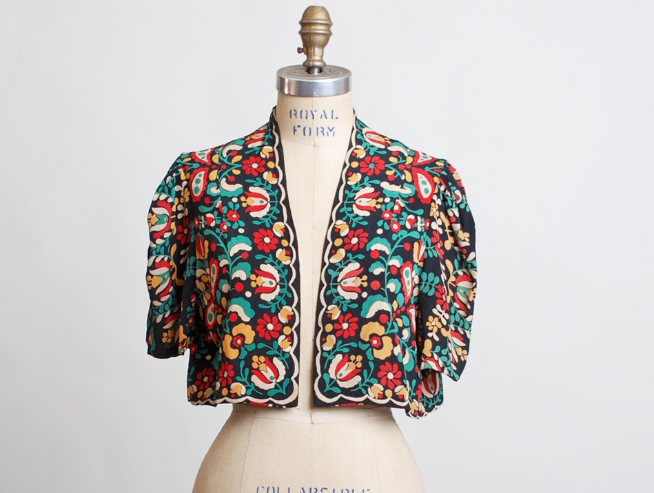 Vintage 30s 40s Silk Rayon Floral Bolero Jacket Caplet